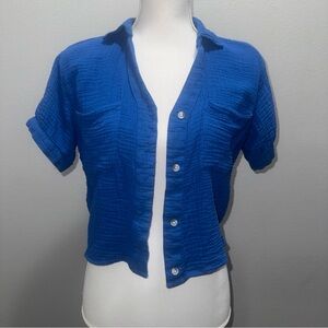 Love Notes Cropped Top Women’s Small Blue Textured Cotton Button Up Shirt Junior